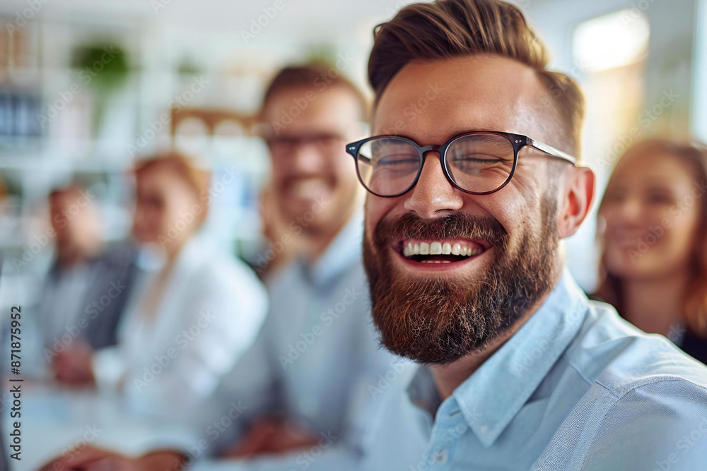 Male Lawyers in Smart Casual Attire Laughing at Law Firm, Bearded Man in Background, Legal Symbols of Justice and Advice. Male Lawyers in Smart Casual Attire Laughing at Law Firm, Bearded Man in Background, Legal Symbols of Justice and Advice.