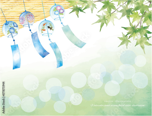 夏の爽やかな風鈴とすだれの暑中見舞いイラスト