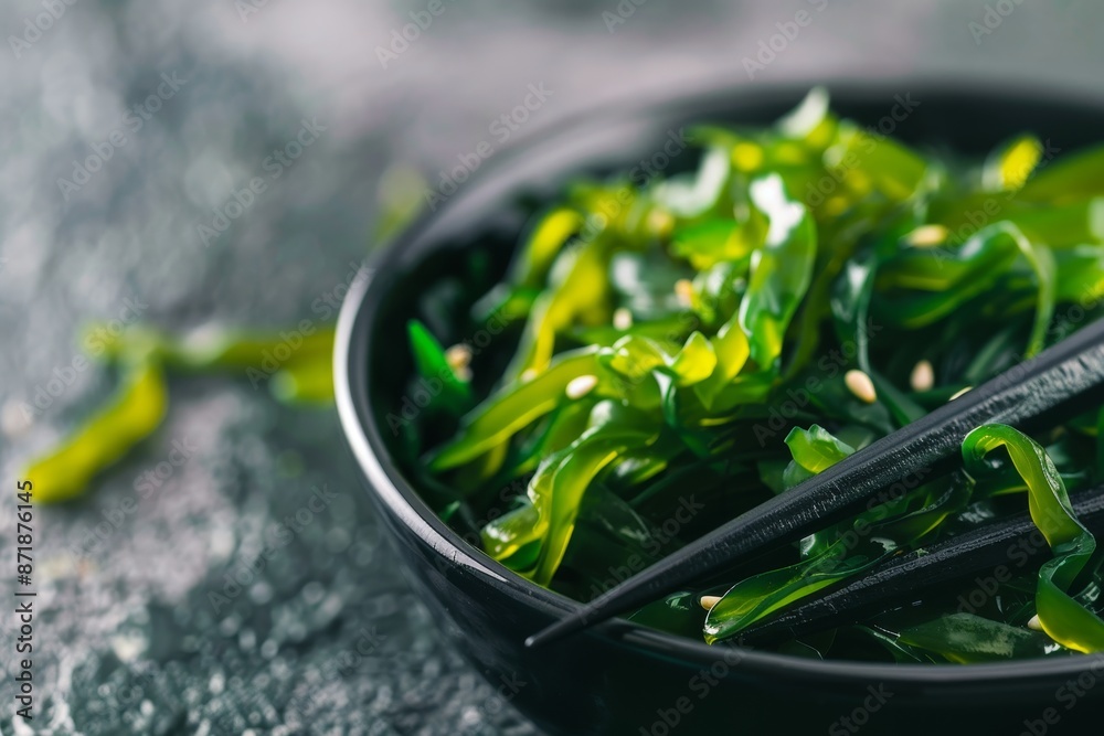 Close up photo of Japanese seaweed salad with chopsticks a healthy vegetarian option Close up photo of Japanese seaweed salad with chopsticks a healthy vegetarian option