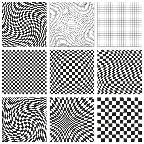 Set of 9 Groovy Checkered Check Patterns Black and White Retro Check illustration