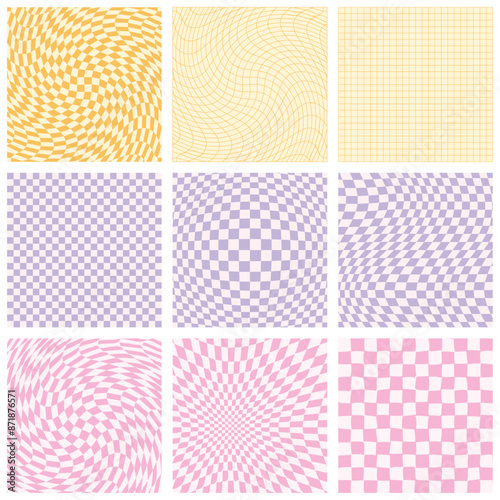 Pastel Pink Purple Yellow Retro Groovy Check Collection Hippie Illusion Checkered Pattern Set