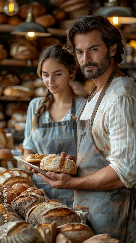 Couple Wearing Aprons in Front of Bakery Shelf
