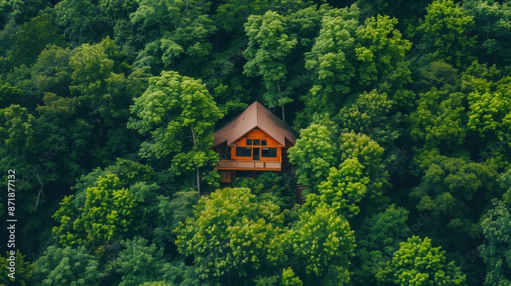 Wooden cabin nestled in a lush green forest, offering a serene escape into nature's beauty and tranquility. Wooden cabin nestled in a lush green forest, offering a serene escape into nature's beauty and tranquility.
