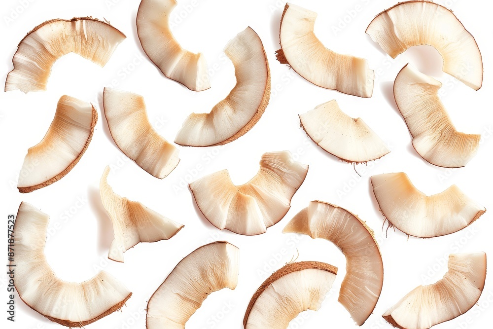 Coconut chips isolated on white background banner design Coconut chips isolated on white background banner design