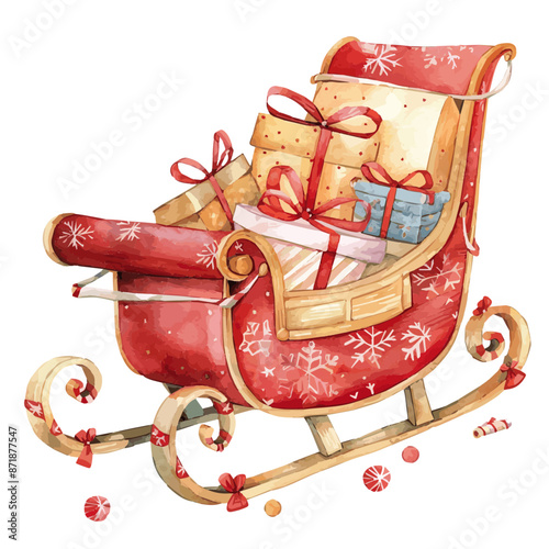 Water color Santa Sleigh full of present boxes