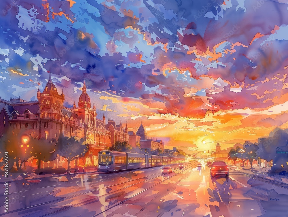 Obraz premium Watercolor painting of a vibrant sunset over a city street with buildings, cars, and a tram, dramatic orange and purple clouds reflecting on wet asphalt