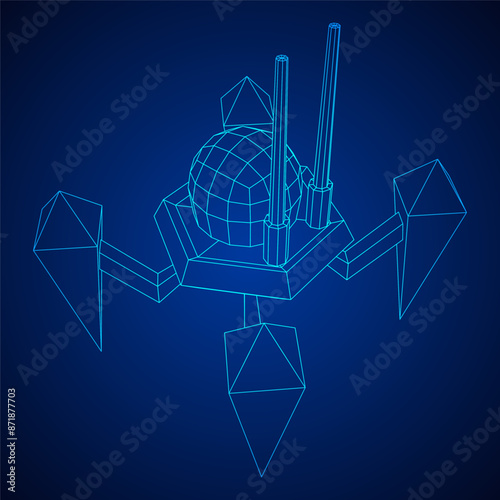 Spider robot with radar antenna. Nanobot, nanotechnology medical concept. Wireframe low poly mesh vector illustration