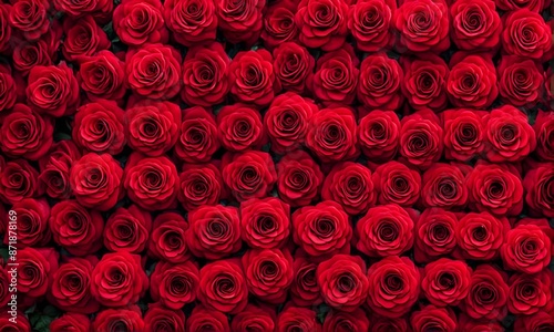 Natural fresh red roses flowers pattern wallpaper. top view, Red rose flower wall background