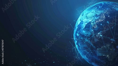 Blue futuristic background with planet Earth. Vector. Internet satellites transmit signals. Map of the planet. Global social network. Future. Internet and technology. Floating blue plexus geometric