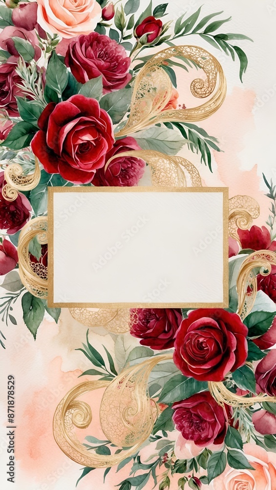 A luxurious floral blank empty space for banner. wedding invitation, illustrated in intricate watercolor on high-quality, textured cotton paper, showcasing a romantic union of lush red roses. A luxurious floral blank empty space for banner. wedding invitation, illustrated in intricate watercolor on high-quality, textured cotton paper, showcasing a romantic union of lush red roses.