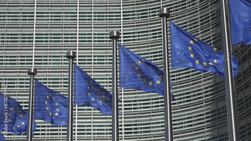 European Union flags at Commission building in Brussels photo