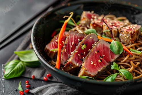 Contemporary Japanese seared tuna tataki with soba noodles and veggies in a Nordic bowl with space for text photo