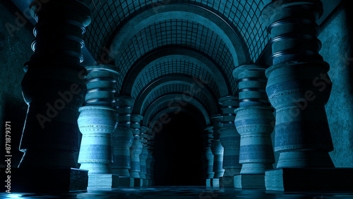 3d rendering of a majestic fantasy blue temple interior environment with glowing ethereal lights and deep darkness at the end of the hall