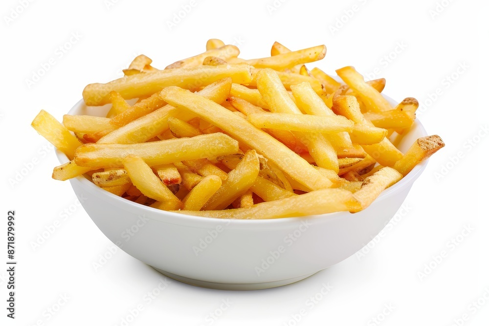 Crispy potato french fries in white bowl on white background Crispy potato french fries in white bowl on white background
