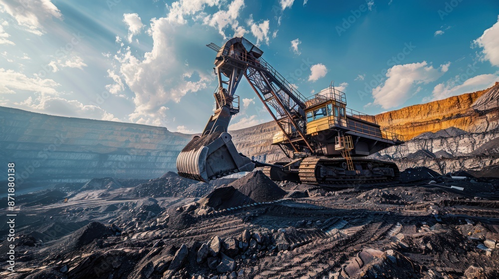 huge mine excavator for brown coal with bright animated cloud sky background huge mine excavator for brown coal with bright animated cloud sky background