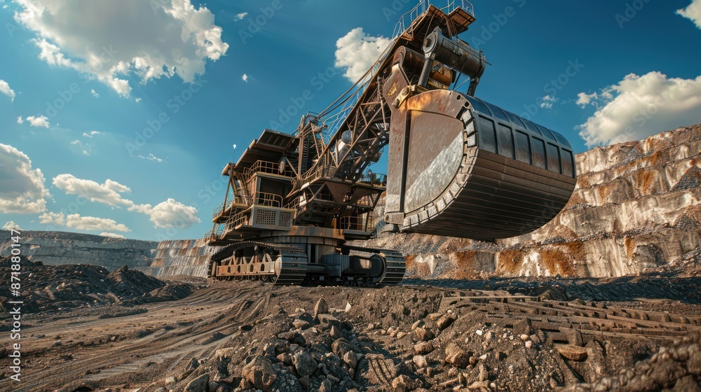 huge mine excavator for brown coal with bright animated cloud sky background huge mine excavator for brown coal with bright animated cloud sky background