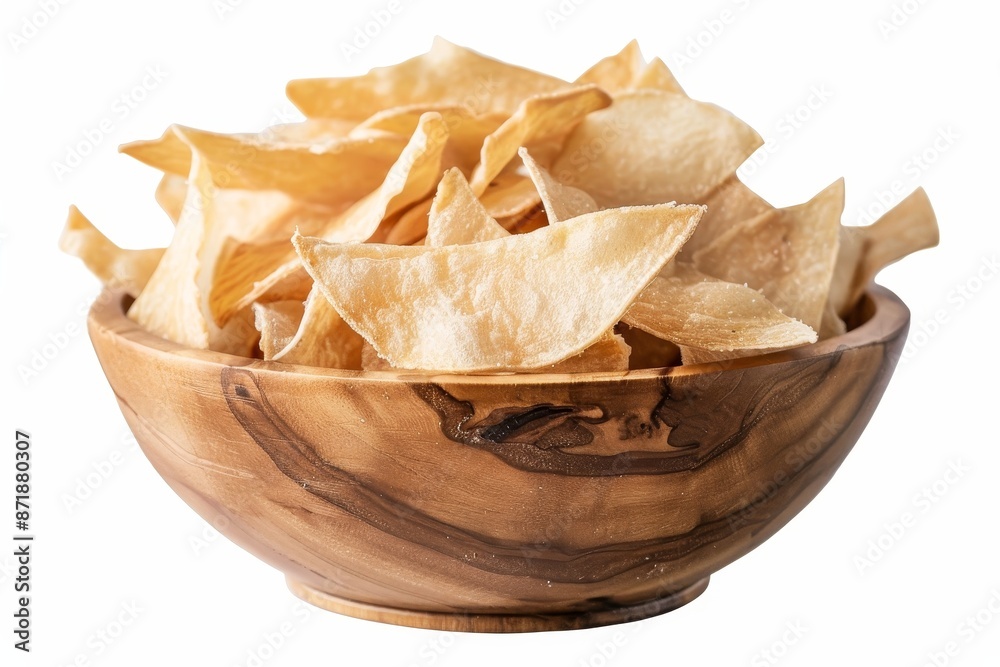 Crunchy cassava chips in wooden bowl isolated Crunchy cassava chips in wooden bowl isolated