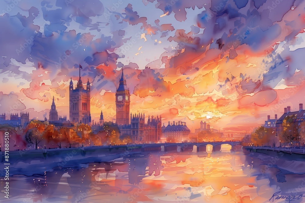 Fototapeta premium Watercolor painting of a vibrant sunset over a city skyline with a river and bridge, orange and purple clouds reflecting in water, artistic cityscape illustration