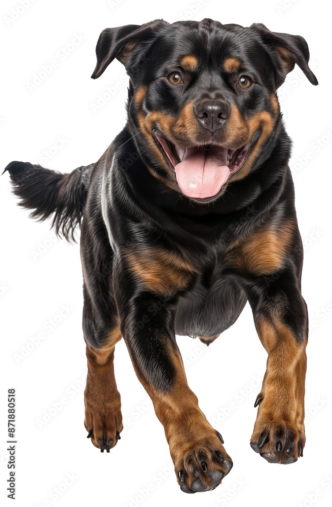 Obraz premium Happy Rottweiler Dog Running with Excitement on Transparent Background, Showcasing the Energetic and Playful Nature of a Loyal and Strong Pet