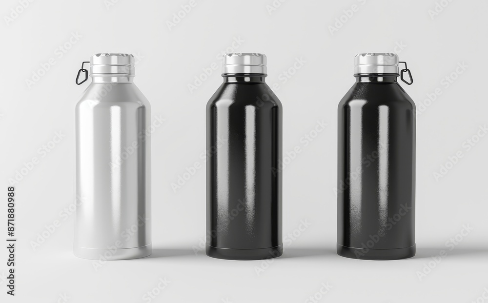Aluminum bottle on white background with white and gray color scheme. 3D rendering mockup for your logo designs Aluminum bottle on white background with white and gray color scheme. 3D rendering mockup for your logo designs