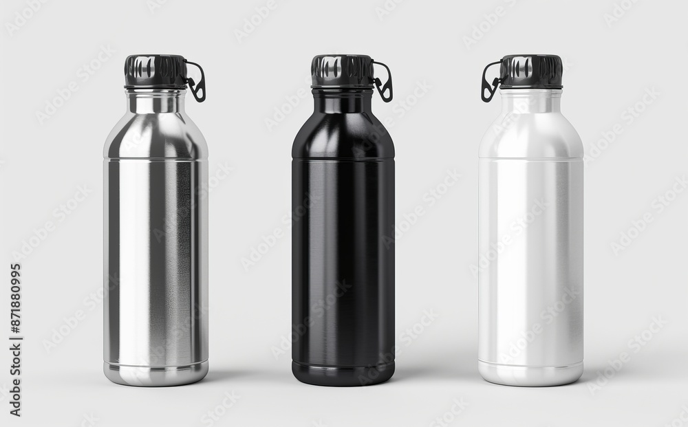 Bottles in white, gray, and black. Graphite and white background. 3D rendering mockup. Bottles in white, gray, and black. Graphite and white background. 3D rendering mockup.