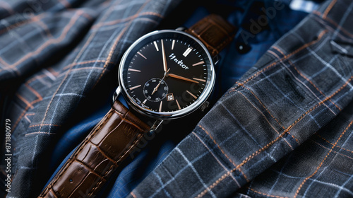 Stylish Men's Watch: An elegant watch with a sleek design, possibly featuring a leather strap or a metal bracelet, with a detailed and sophisticated watch face. 