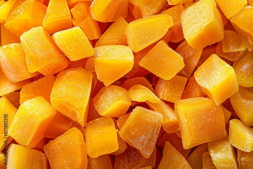 Dehydrated mango chips sweet food closeup soft focus