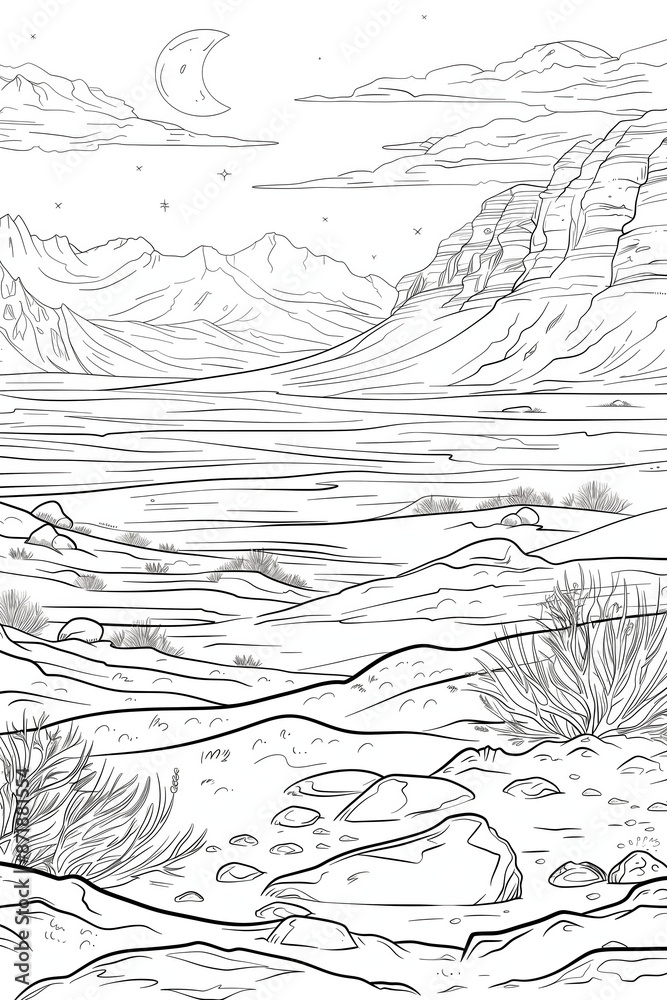 Fototapeta premium Coloring Book Page for Adults with a Sandy Desert and Distant Hills Background
