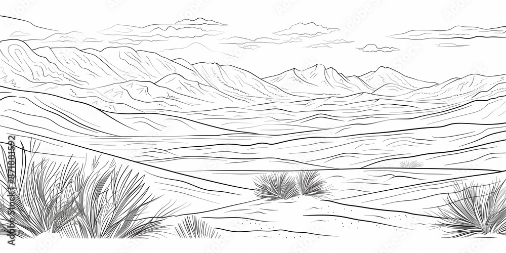 Detailed Sandy Desert Background with Hills, Perfect for Adult Coloring Books