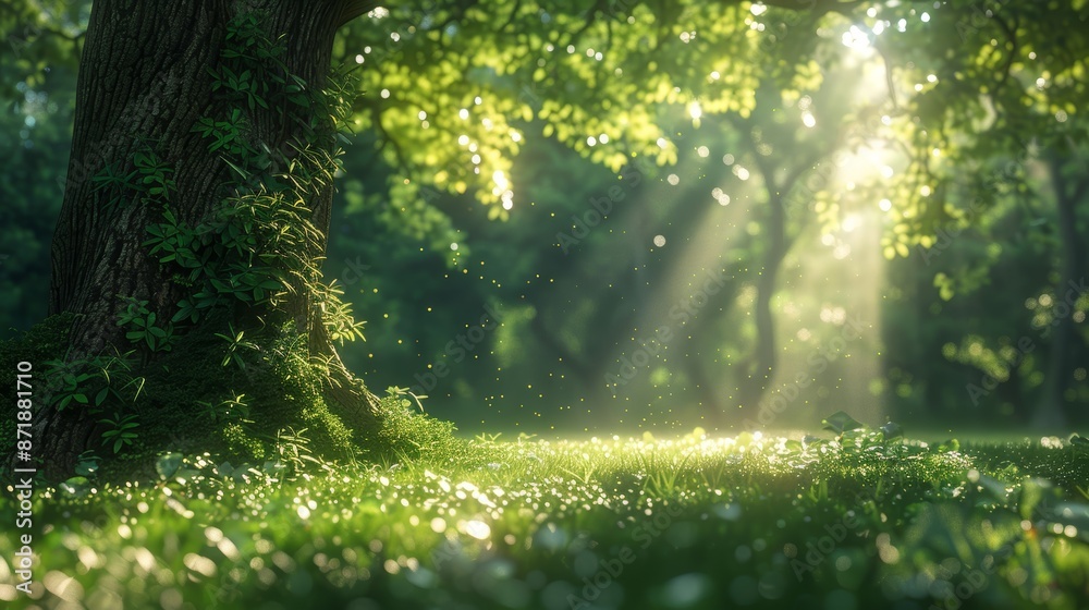 Describe the tranquility of a forest glade with sunlight filtering through the trees, casting soft shadows against the blurred background of swaying branches Describe the tranquility of a forest glade with sunlight filtering through the trees, casting soft shadows against the blurred background of swaying branches