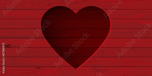 Abstract 3 dimension heart frame on red painted cut timber panels background with blank space. Valentine's day greeting card template.