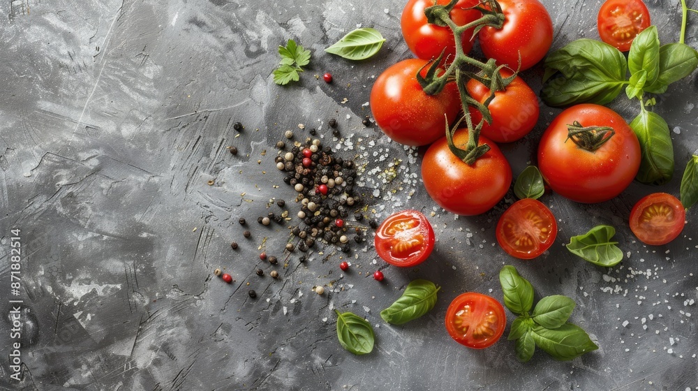 Tomatoes herbs and black pepper on concrete background from above Tomatoes herbs and black pepper on concrete background from above