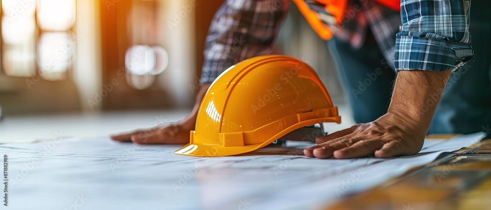 The engineer and foreman pointed to the building construction drawing on the table containing the construction helmet The engineer and foreman pointed to the building construction drawing on the table containing the construction helmet