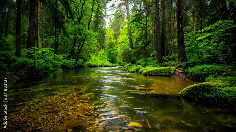 Obraz premium Serene Forest Landscape Featuring a Crystal Clear Stream Among Vibrant Greenery and Towering Trees
