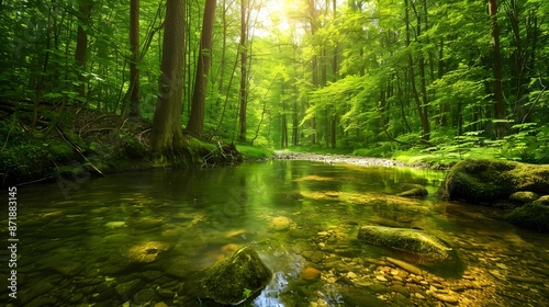 Serene Forest Landscape Featuring a Crystal Clear Stream Among Vibrant Greenery and Towering Trees