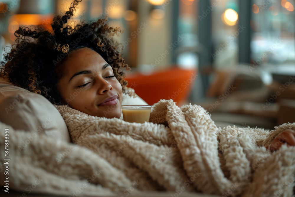 Woman Relaxing in Fluffy Robe with Herbal Tea