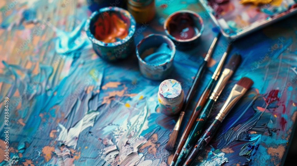 Fototapeta premium Close-up of paintbrushes and colorful paint on a canvas