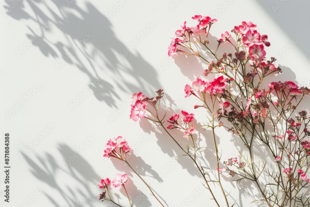 Pink flowers cast shadows on white background Pink flowers cast shadows on white background