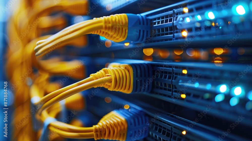 An intricate network of cables connecting routers and switches, illustrating a complex network infrastructure An intricate network of cables connecting routers and switches, illustrating a complex network infrastructure
