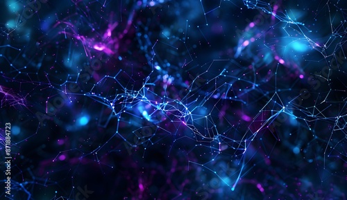 A digital abstract background with an intricate web of lines and nodes, representing the complexity and interconnectedness in data science. The colors should be dark blue and purple, creating depth to