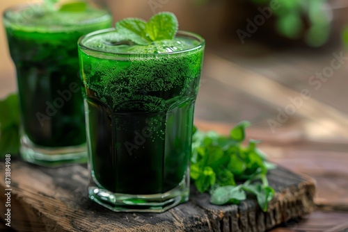 Detox smoothie with spirulina chlorella vitamins minerals prebiotics and antioxidants for a healthy diet