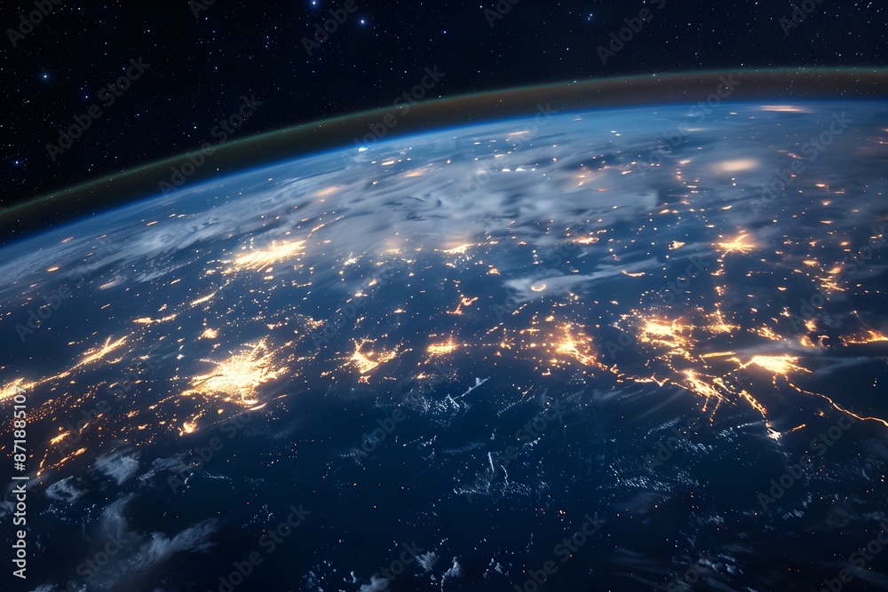 Obraz premium A wide shot of the Earth from space, with glowing city lights on its surface and an array of interconnected data connections forming lines across it. The background is dark to highlight earth's lumino