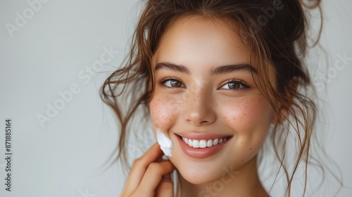 Woman Applying Facial Cleanser With Smiling Face