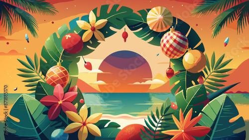 Tropical Paradise Beach Sunset Illustration with Lush Foliage and Fruit