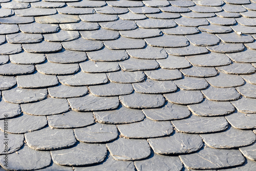 Close-up view of overlapping grey slate roof tiles aligned in an orderly and uniform pattern, showcasing the material’s texture and traditional architectural style.