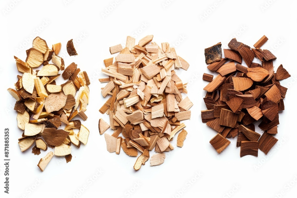 Different wood chips for smoking meat and fish isolated on white background top view Apple pear and oak Different wood chips for smoking meat and fish isolated on white background top view Apple pear and oak