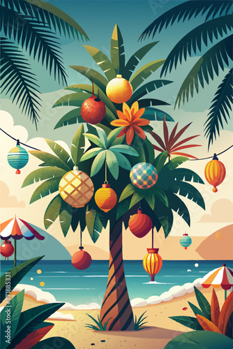 Tropical Beach Paradise with Festive Lanterns and Lush Palms