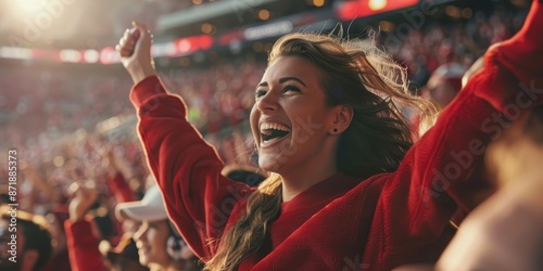 Female sports fan cheering at a college football game	 photo