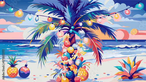 Colorful Tropical Beach Scene with Palm Tree and Festive Lights