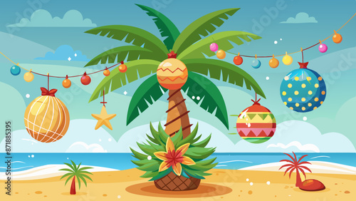 Tropical Christmas: Palm Tree Decorated with Festive Ornaments on Beach